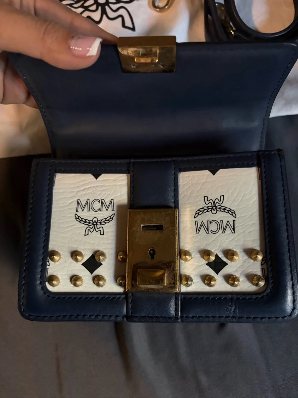 MCM Navy and Cream Studded Top-Handle Satchel with Gold Hardware
